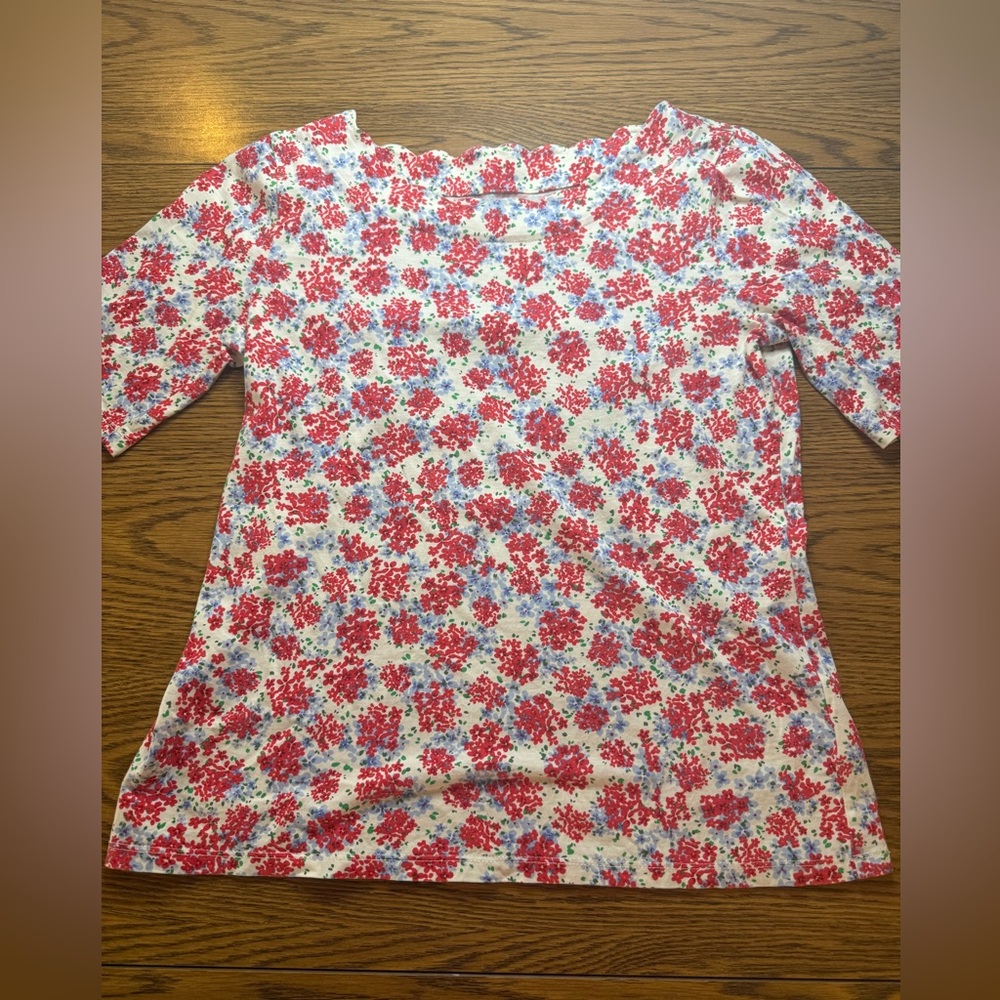 Talbots Red and Blue Floral Short Sleeve Top, 100% Cotton - Picture 3 of 4